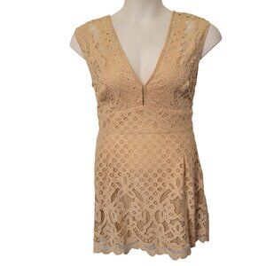 Free People Crochet Lace V Neck Dress 10 Beige ONE MILLION LOVERS Boho Cottage